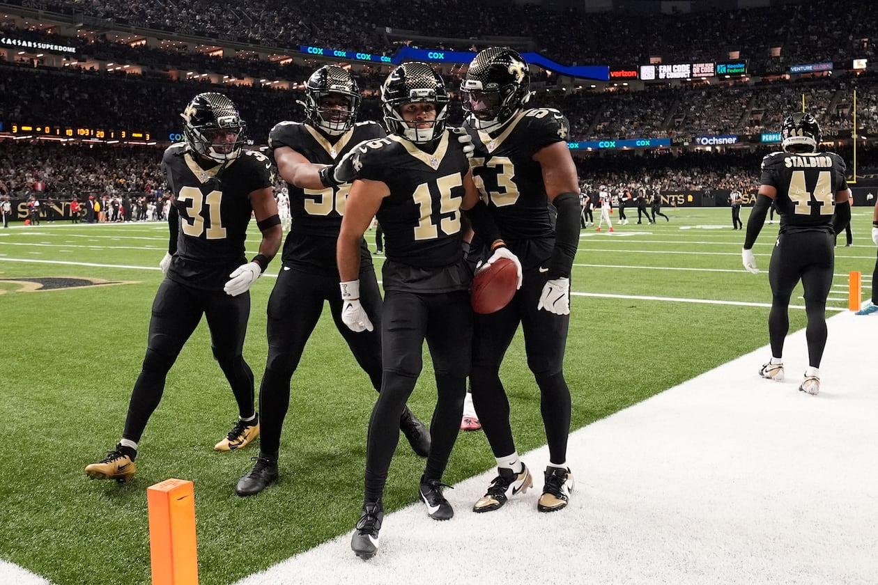 Saints wide receiver Mason Tipton (center) celebrates a 75-yard kickoff return against the Falcons on Sunday, Nov. 23, 2025, in New Orleans. The Falcons have let out a rash of long returns over the past four games. (Gerald Herbert/AP)