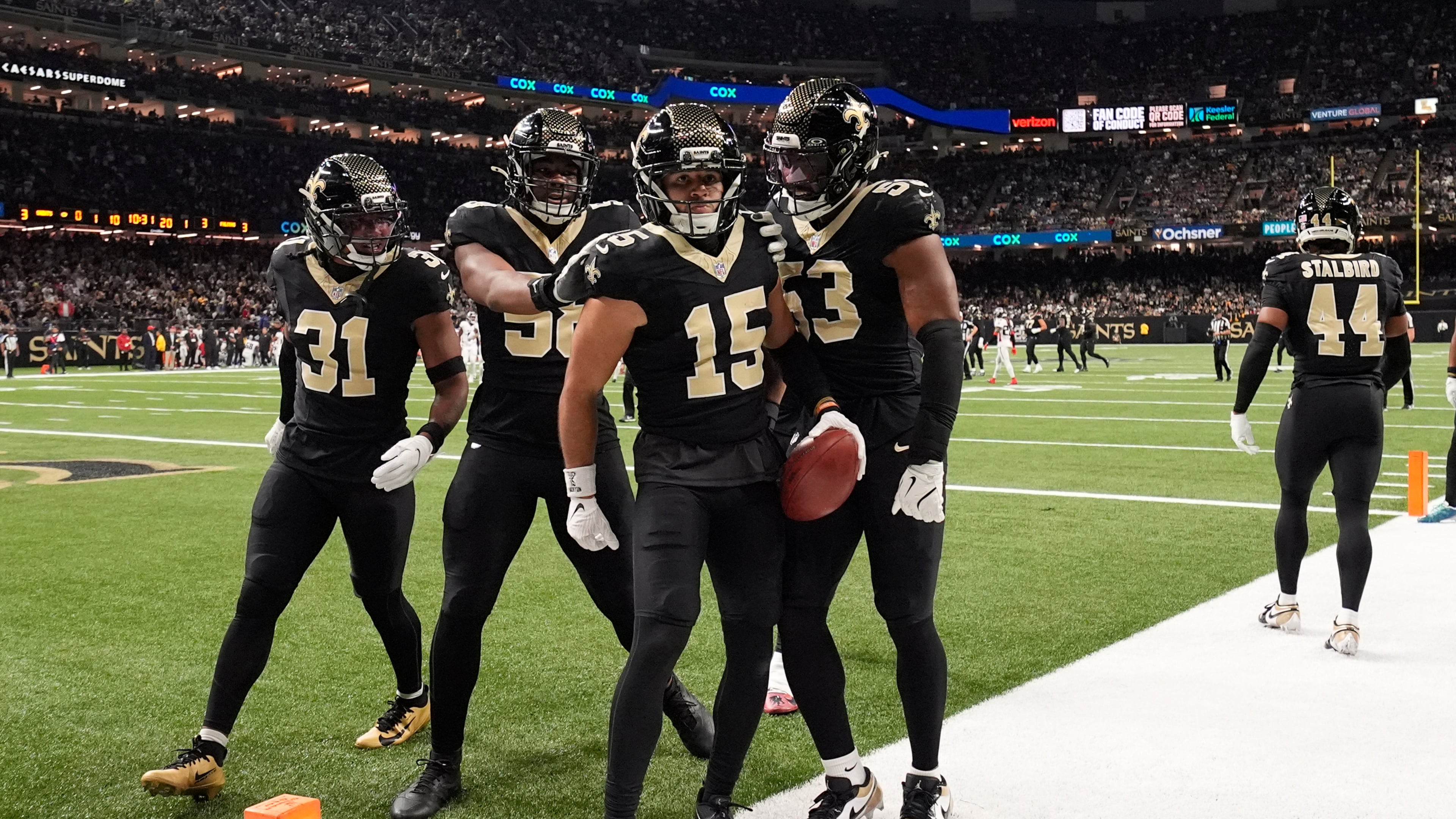 Saints wide receiver Mason Tipton (center) celebrates a 75-yard kickoff return against the Falcons on Sunday, Nov. 23, 2025, in New Orleans. The Falcons have let out a rash of long returns over the past four games. (Gerald Herbert/AP)