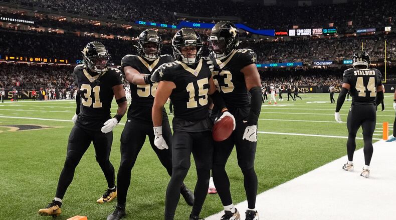 Saints wide receiver Mason Tipton (center) celebrates a 75-yard kickoff return against the Falcons on Sunday, Nov. 23, 2025, in New Orleans. The Falcons have let out a rash of long returns over the past four games. (Gerald Herbert/AP)