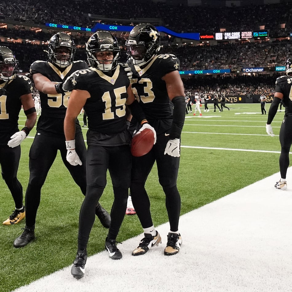 Saints wide receiver Mason Tipton (center) celebrates a 75-yard kickoff return against the Falcons on Sunday, Nov. 23, 2025, in New Orleans. The Falcons have let out a rash of long returns over the past four games. (Gerald Herbert/AP)