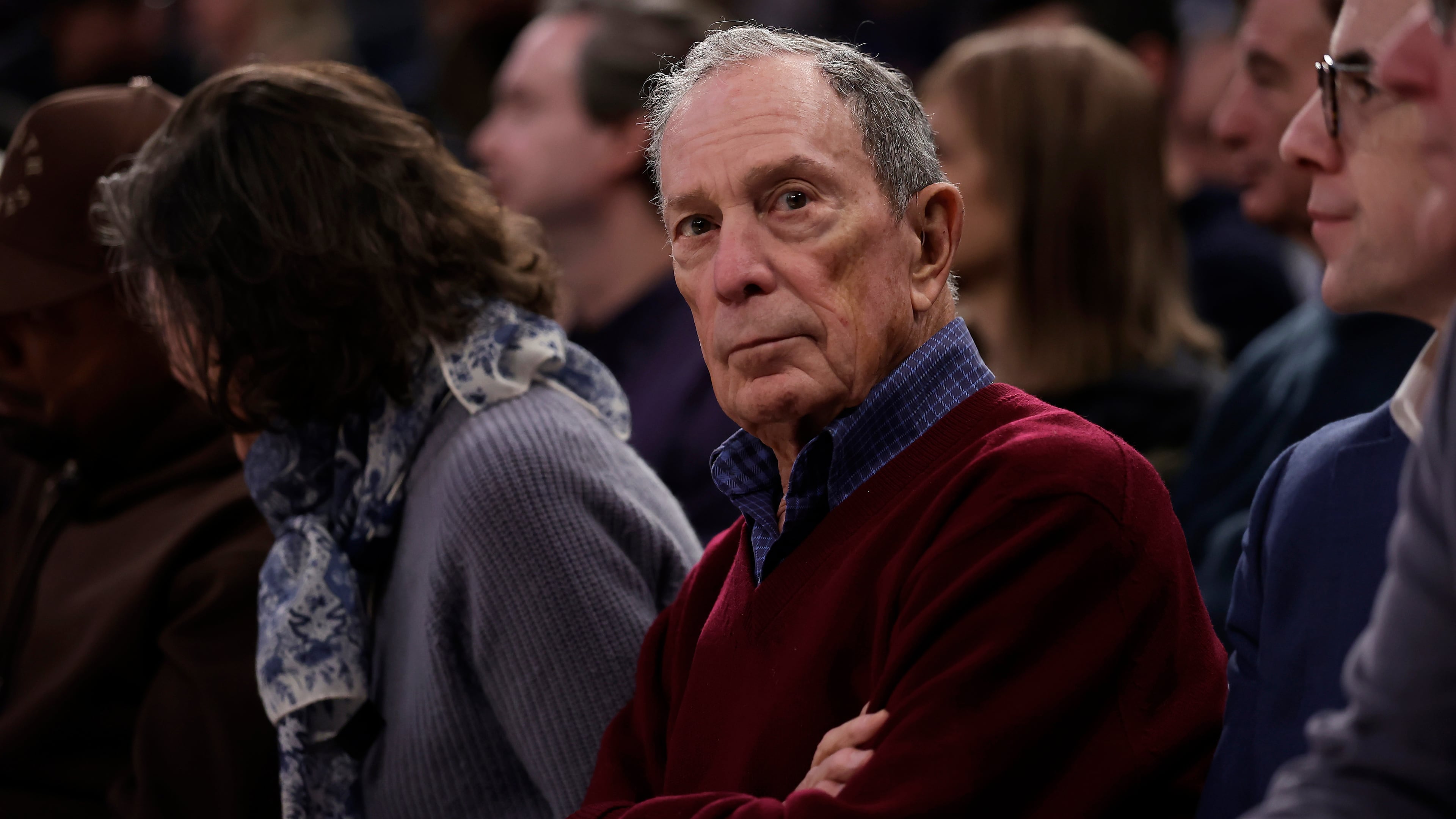FILE - Michael Bloomberg looks on during the first half of an NBA basketball game between the LA Clippers and the New York Knicks Wednesday, March 26, 2025, in New York. (AP Photo/Adam Hunger, file)