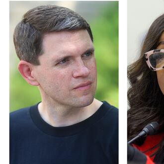 This combination of photos shows Texas state Rep. James Talarico, D-Austin, at a rally on Aug. 16, 2025, in Chicago, left, and Rep. Jasmine Crockett, D-Texas, on Capitol Hill, Feb. 12, 2025, in Washington, right. (AP Photo/Talia Sprague, left, Rod Lamkey, Jr.)