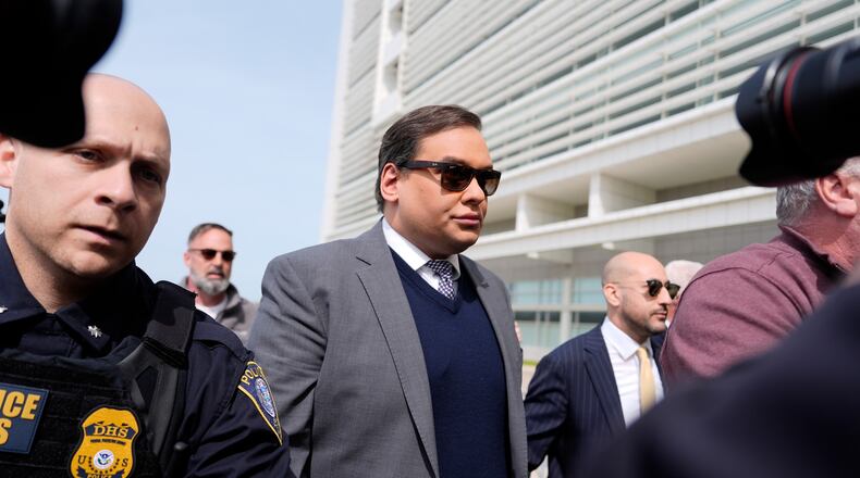 FILE - Former U.S. Rep. George Santos arrives at federal court for sentencing, April 25, 2025, in Central Islip, N.Y. (AP Photo/Julia Demaree Nikhinson, File)