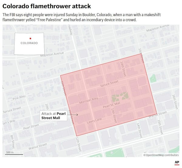 The map above highlights Pearl Street Mall in Boulder, Colorado, where a man with a makeshift flamethrower yelled “Free Palestine” and hurled an incendiary device into a crowd. (AP Digital Embed)