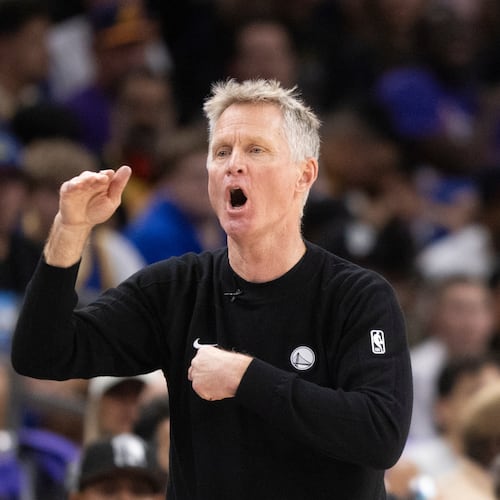 Golden State Warriors Head Coach Steve Kerr is seen during the first half of his NBA play-in tournament game against the Phoenix Suns in Phoenix, Ariz., Friday, April 17, 2026. (Stephen Lam/San Francisco Chronicle via AP)