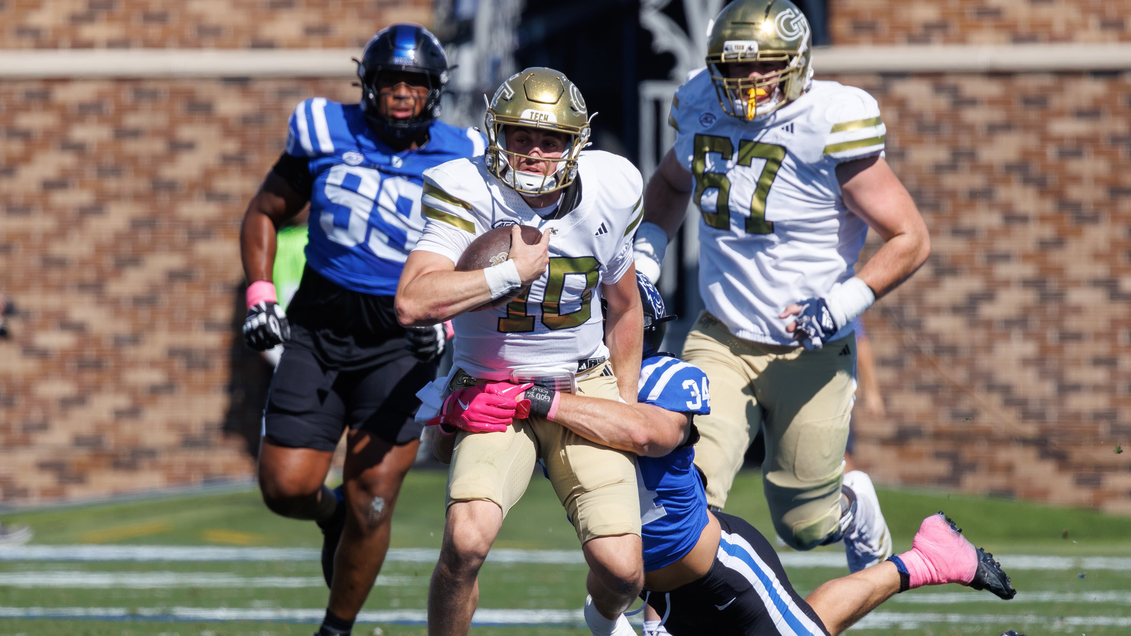Georgia Tech quarterback Haynes King threw for 205 yards and ran for 120 as the No. 12 Yellow Jackets beat Duke 27-18. The win improved Georgia Tech to 7-0 on the season, its best start since 1966. (Ben McKeown/AP)