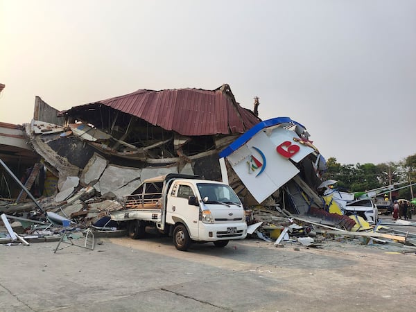 In this image provided by The Myanmar Military True News Information Team, Damaged buildings caused by an earthquake is seen Friday, March 28, 2025, in Naypyitaw, Myanmar. (The Myanmar Military True News Information Team via AP)