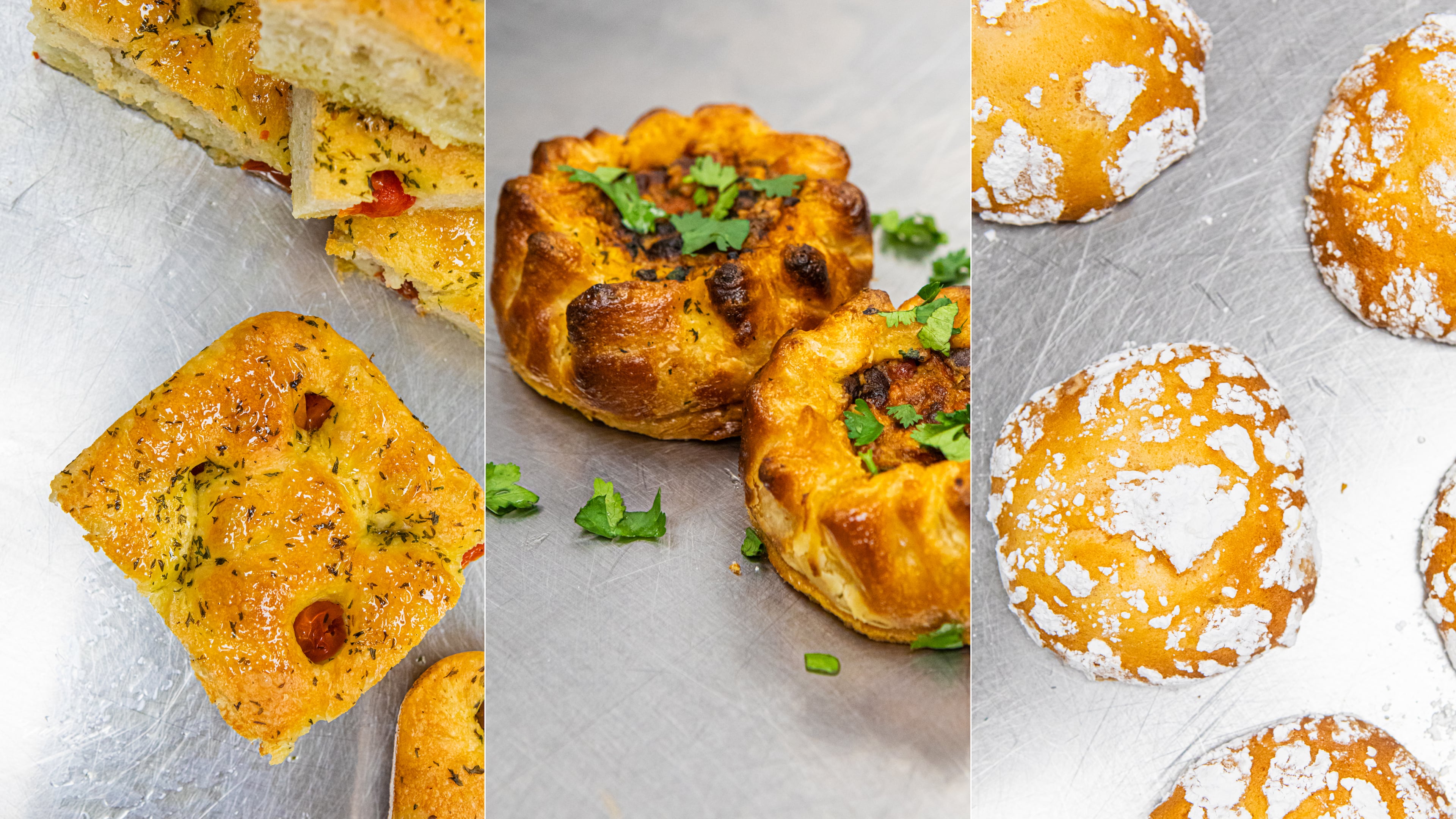Rose Gates of Hi Honey Bakery shares her recipes for baked goods featuring summer produce, including sandwich focaccia (from left), a Southwestern galette and peach crinkle cookies. (Aaliyah Man for the AJC)