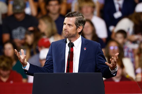 Republican State Sen. Brian Strickland speaks at President Donald Trump’s rally at Wheeler High School in Marietta, Ga. on July 22, 2026. (Arvin Temkar/AJC)