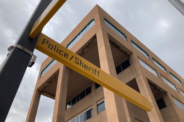 Signage is posted outside police headquarters Monday, Sept. 11, 2023, in downtown Albuquerque, N.M. (AP Photo/Susan Montoya Bryan, File)
