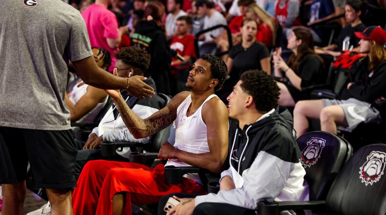 Georgia guard De'Shayne Montgomery (2) greets a teammate at Stegeman Coliseum before the Bulldogs' exhibition game against UCF on Tuesday, Oct. 29, 2024. Having not played a game all season, Montgomery will make his debut for the Bulldogs tonight in Athens against Buffalo. (Olivia Wilson/UGA Athletics)