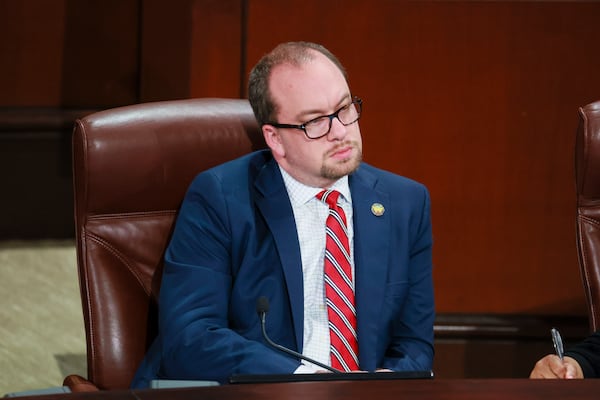 Council member Dustin Hillis attends an Atlanta City Council meeting last year. (Jason Getz/AJC 2025)