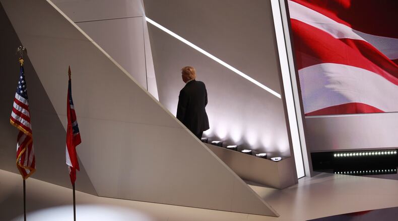 Donald Trump leaves the stage after introducing his wife, Melania, during the Republican National Convention at the Quicken Loans Arena in Cleveland, July 18, 2016. (Josh Haner/The New York Times)