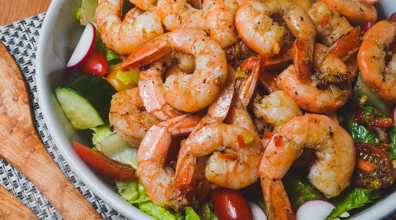 Sichuan Salt and Pepper Shrimp on a mixed green salad
(Virginia Willis for The Atlanta Journal-Constitution)