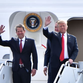 After winning reelection in November 2022, Gov. Brian Kemp, left, took a series of shots at former President Donald Trump as part of a feud that traces back to the 2020 presidential election. But he's backed off as the former president has seemingly solidified his standing at the front of the GOP field of presidential candidates in 2024 in many state and national polls. (Hyosub Shin/The Atlanta Journal-Constitution/TNS)