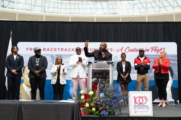 Atlanta rapper Jay “Jeezy” Jenkins speaks for all of the new airport ambassadors during  the kickoff celebration for Hartsfield-Jackson International Airport’s 100th anniversary in Atlanta on April 15, 2025.  (Ben Gray for the AJC)
