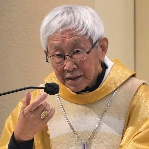 FILE - Catholic Cardinal Joseph Zen, attends a Mass at the Holy Cross Church in Hong Kong on May 24, 2022. (AP Photo/Kin Cheung, File)