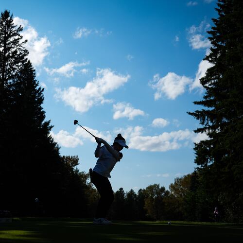 Miyu Yamashita, of Japan, hits her tee shot on the 12th hole during the second round at the LPGA Canadian Women's Open golf tournament in Edmonton, Alberta, Friday, Aug. 21, 2026. (Darryl Dyck/The Canadian Press via AP)
