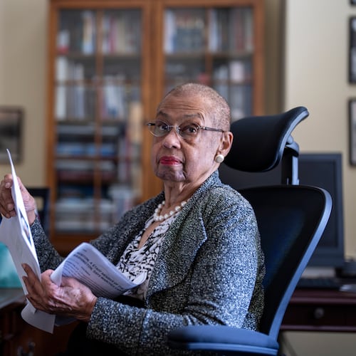FILE - Del. Eleanor Holmes Norton, D-D.C., reflects on her time as a young civil rights activist during the 1963 March on Washington, during an Associated Press interview in her office on Capitol Hill in Washington, Aug. 9, 2023. (AP Photo/J. Scott Applewhite, File)