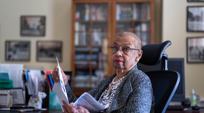 FILE - Del. Eleanor Holmes Norton, D-D.C., reflects on her time as a young civil rights activist during the 1963 March on Washington, during an Associated Press interview in her office on Capitol Hill in Washington, Aug. 9, 2023. (AP Photo/J. Scott Applewhite, File)