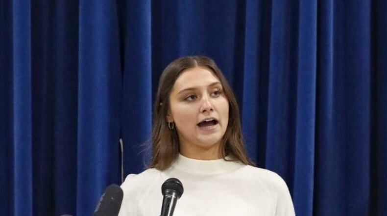 Abortion rights activist Hadley Duvall made a joint appearance on Sunday in Forsyth County with Kentucky Gov. Andy Beshear to campaign for Vice President Kamala Harris.