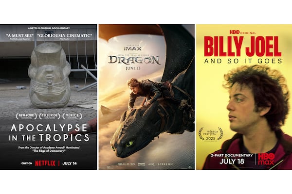 This combination of images shows promotional art for "Apocalypse in the Tropics," from left, "How To Train Your Dragon," and "Billy Joel: And So It Goes." (Netflix/Universal/HBO via AP)