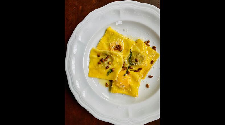Chicken liver and sweet potato ravioli doppio, fried pine nuts, tarragon from Lyla Lila.