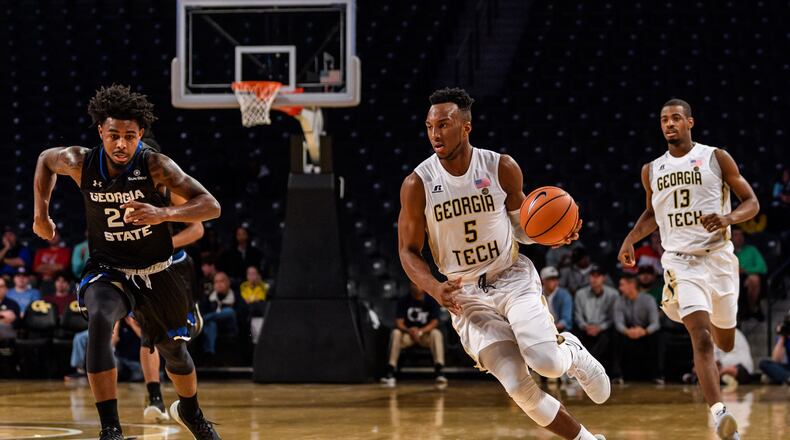 Georgia Tech guard Josh Okogie scored eight points in 16 minutes of action in the Yellow Jackets' exhibition loss to Georgia State October 28, but left the game with an apparent compound fracture.