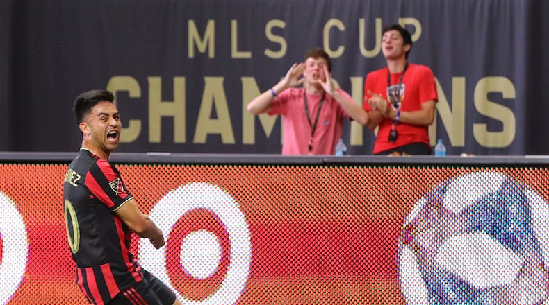 May 12, 2019 Atlanta: Atlanta United midfielder Pity Martinez reacts to scoring a goal against Orlando City for a 1-0 lead in a MLS soccer match on Sunday, May 12, 2019, in Atlanta. Curtis Compton/ccompton@ajc.com