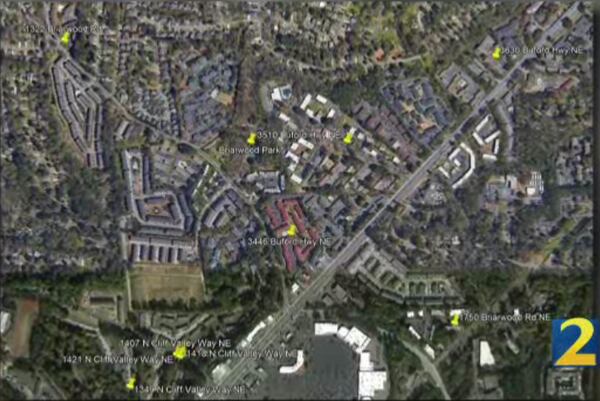 The yellow pins mark where each of the incidents took place.