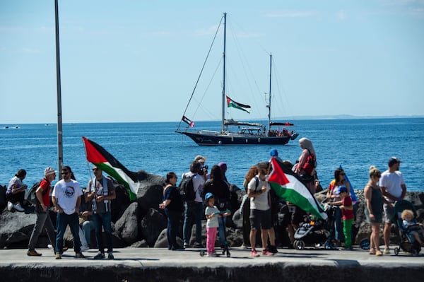 The Freedom Flotilla human rights organization Madleen boat is docked near Catania's harbor, Italy, Sunday, June 1, 2025, ahead of its departure for the Mideast. (AP Photo/Salvatore Cavalli)