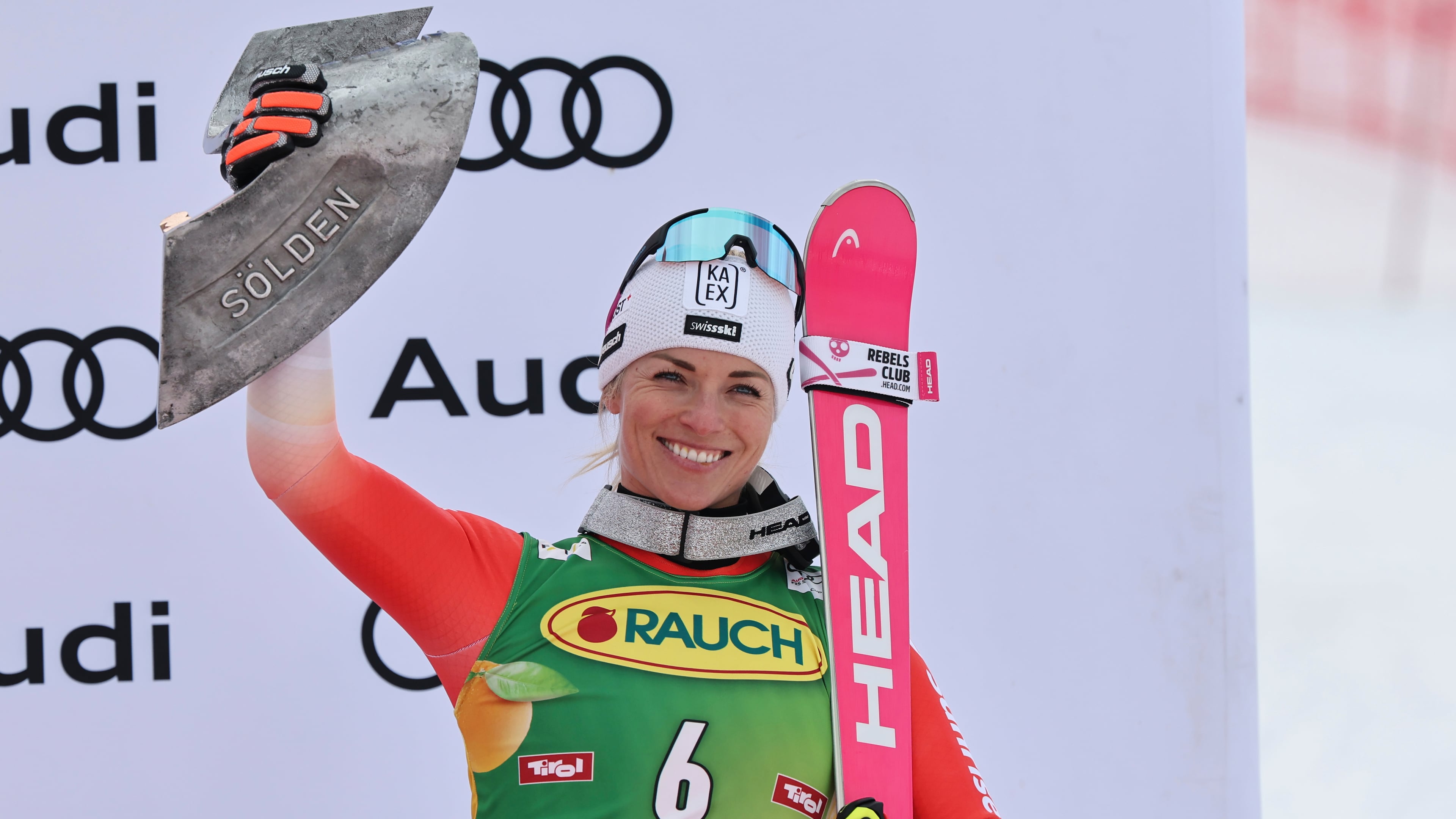 Switzerland's Lara Gut Behrami celebrates taking third place in an alpine ski, women's World Cup giant slalom, in Soelden, Austria, Saturday, Oct. 25, 2025. (AP Photo/Marco Trovati)