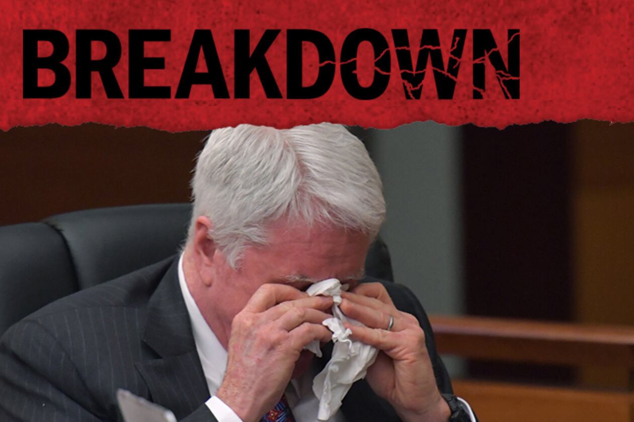 Tex McIver reacts to the testimony of a crime scene expert during testimony before the trial went on spring break. HYOSUB SHIN / HSHIN@AJC.COM