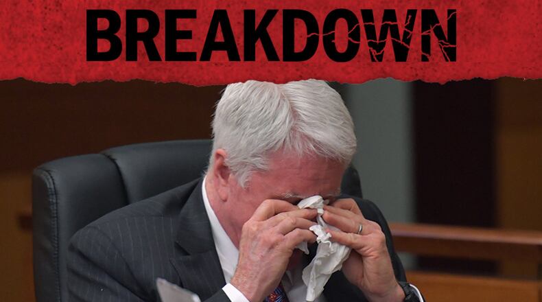 Tex McIver reacts to the testimony of a crime scene expert during testimony before the trial went on spring break. HYOSUB SHIN / HSHIN@AJC.COM