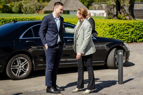 Denmark's Prime Minister Mette Frederiksen, right, and Greenland's Prime Minister Jens-Frederik Nielsen talk during their meeting at Marienborg in Kongens Lyngby, Denmark, Sunday, April 27, 2025. (Mads Claus Rasmussen/Ritzau Scanpix via AP)