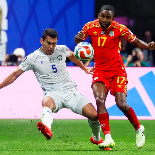 DR Congo forward Cédric Bakambu (17) controls the ball past Uzbekistan defender Ruslam Ashurmatov (5) during the first half of a FIFA World Cup match at Atlanta Stadium (Mercedes-Benz Stadium) on Saturday, June 27, 2026, in Atlanta. (Miguel Martinez/AJC)