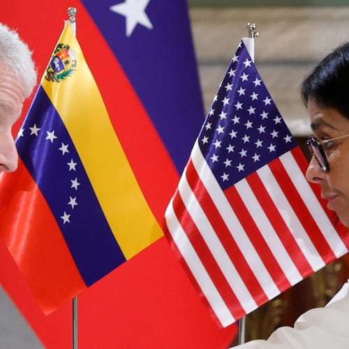 U.S. Energy Secretary Chris Wright, left, meets with Venezuelan acting President Delcy Rodriguez at Miraflores presidential palace in Caracas, Venezuela, Wednesday, Sept. 2, 2026. (AP Photo/Pedro Mattey)