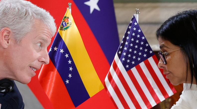U.S. Energy Secretary Chris Wright, left, meets with Venezuelan acting President Delcy Rodriguez at Miraflores presidential palace in Caracas, Venezuela, Wednesday, Sept. 2, 2026. (AP Photo/Pedro Mattey)