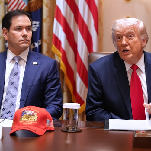 President Donald Trump, next to Secretary of State Marco Rubio, speaks during a Cabinet meeting at the White House, Wednesday, May 27, 2026, in Washington. (AP Photo/Jacquelyn Martin)