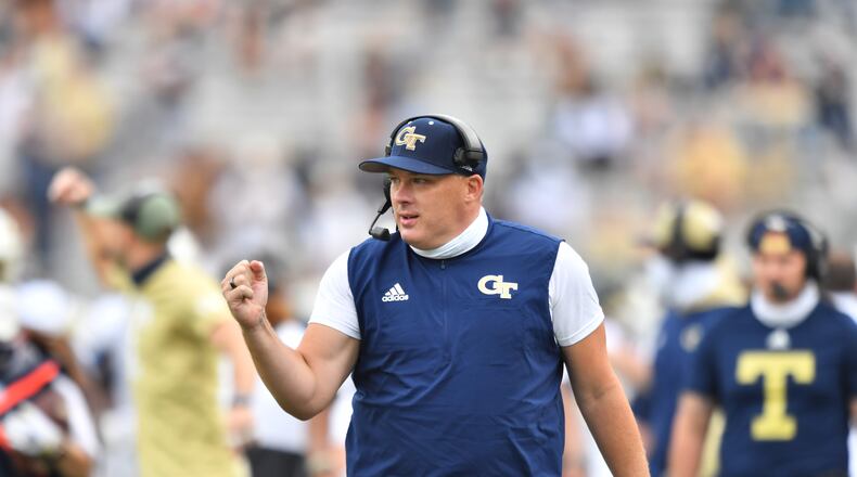 September 19, 2020 Atlanta - Georgia Tech's head coach Geoff Collins reacts during the second half of an NCAA college football game at Georgia Tech's Bobby Dodd Stadium in Atlanta on Saturday, September 19, 2020. UCF won 49-21 over the Georgia Tech. (Hyosub Shin / Hyosub.Shin@ajc.com)