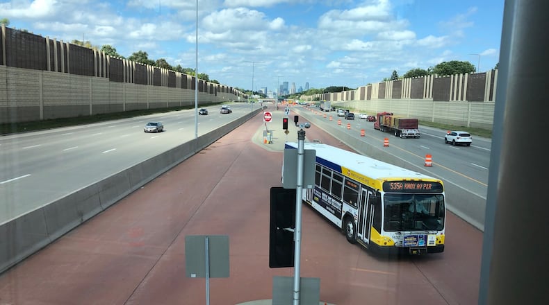 Bus rapid transit lines, such as this one in Minneapolis, are designed to mimic trains — with stations, infrequent stops and exclusive lanes to speed the vehicles along. MARTA plans to run the region’s first bus rapid transit line along Capitol Avenue in Atlanta.
