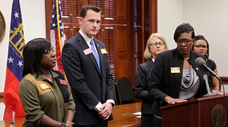 State Reps. Dee Dawkins-Haigler, D – Lithonia (from left); Taylor Bennett, D – Brookhaven; Karla Drenner, D-Avondale Estates; Keisha Waites, D-Atlanta; and Park Cannon, D-Atlanta, at a Monday press conference opposing the passage of House Bill 757, the “religious liberty” measure. They urged Gov. Deal to veto the bill. Bob Andres, bandres@ajc.com