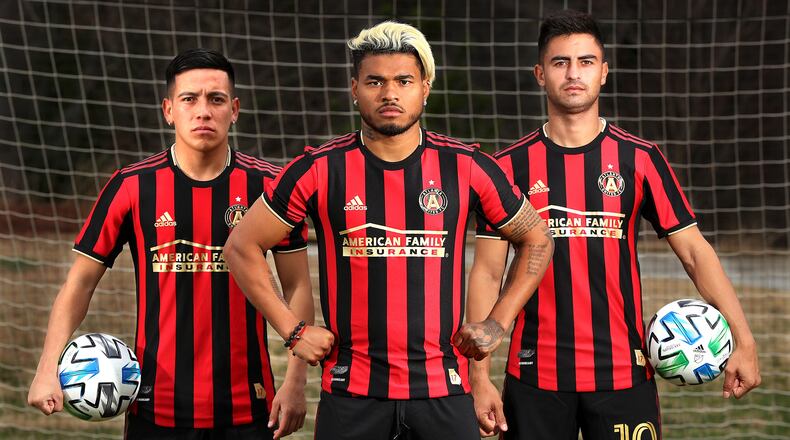 Atlanta United forward Ezequiel Barco (from left), forward Josef Martinez, and midfielder Pity Martinez pose for a portrait at the team training ground on Wednesday, Feb. 5, 2020, in Marietta. Curtis Compton ccompton@ajc.com
