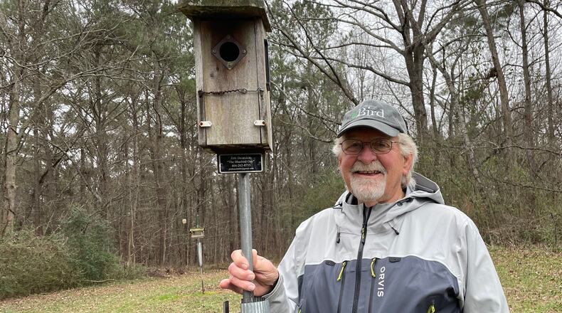 Jim Bearden's interest grew into a passion founding the bluebird project and trail at Green Meadows Preserve in Marietta. The 31 nest boxes and 10 feed stations are sponsored and are located throughout the 2.3 mile trail.
