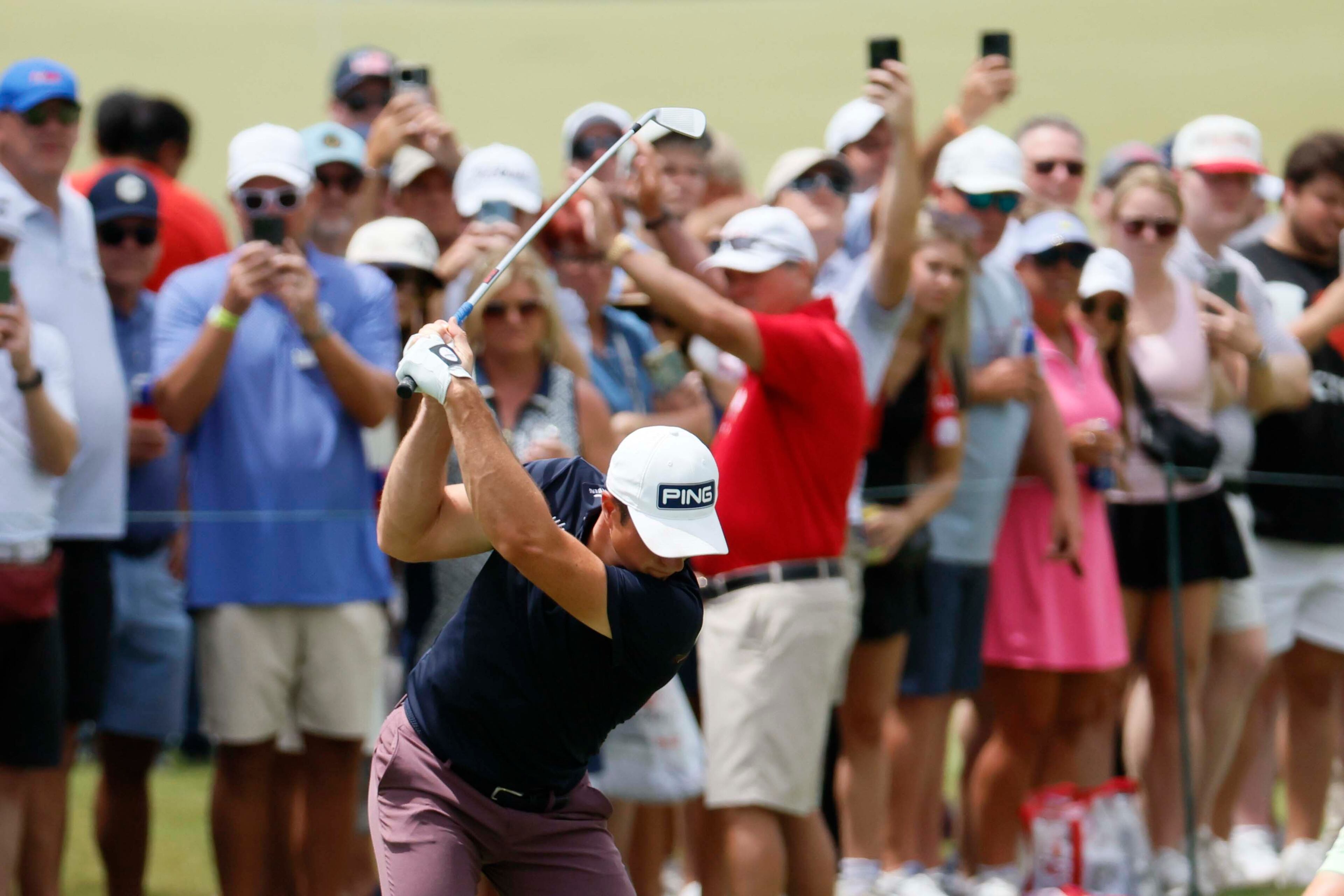 Viktor Hovland, from Norway, tees off on the ninth hole during the final round of the PGA Tour Championship at East Lake Golf Club on Sunday, Aug. 24, 2025, in Atlanta. (Miguel Martinez/ AJC)