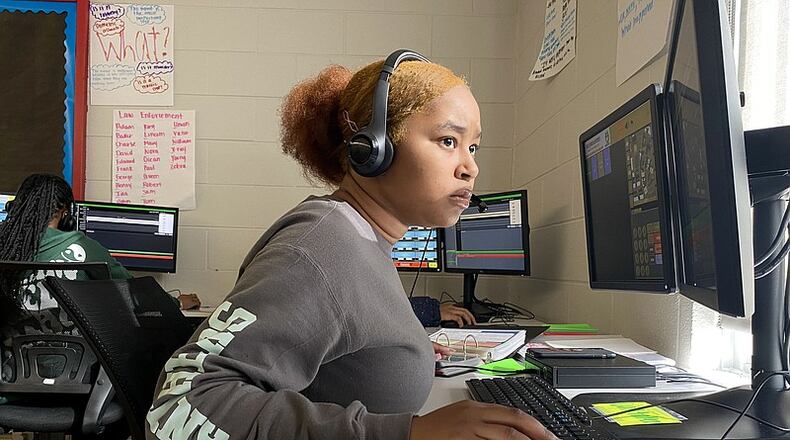 Raquel Butts follows the information on her screens. Brainerd High has launched a new 911 dispatch pathway this fall as part of the Future Ready Institute of Law, First Responders and Forensic Science. (Photo Courtesy of Robin Rudd)