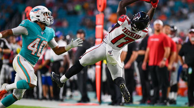 Olamide Zaccheaus of the Atlanta Falcons makes the catch in the first quarter during a preseason game against the Miami Dolphins at Hard Rock Stadium on August 8, 2019 in Miami, Florida. (Photo by Mark Brown/Getty Images)