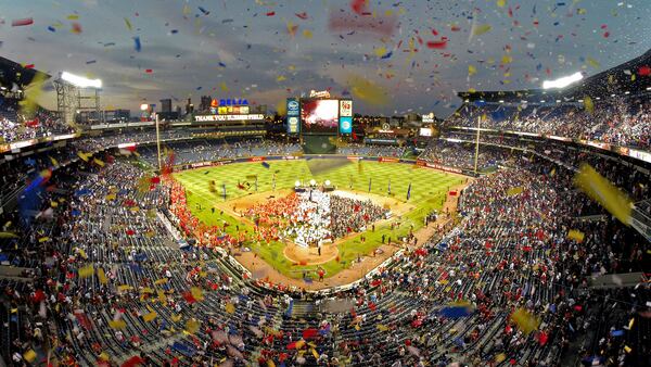 The Braves closed down Turner Field with one final giant tomahawk chop and a confetti shower.