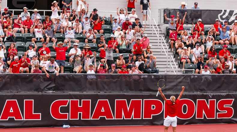 Georgia tennis player Philip Henning during Georgia’s second round match of the 2023 NCAA Division I men’s tennis championship against Oklahoma at Henry Feild Stadium inside the Dan Magill Tennis Complex in Athens, Ga., on Sunday, May 7, 2023. (Tony Walsh/UGAAA)
