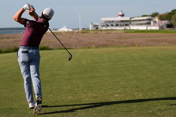 Justin Thomas hits from the 18th green during the third round of the RBC Heritage golf tournament, Saturday, April 19, 2025, in Hilton Head Island, S.C. (AP Photo/Mike Stewart)